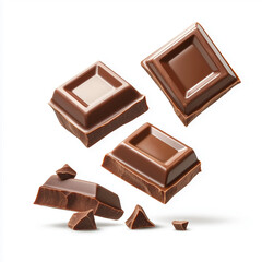 realistic milk chocolate squares floating in mid-ai, Isolated on white Background.