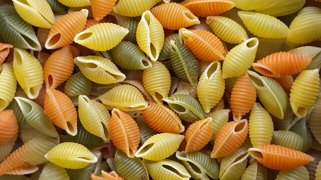 Colorful uncooked shell pasta in close-up view, food, Italian cuisine, World Pasta Day, raw ingredients