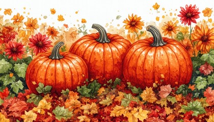 Three pumpkins nestled amongst autumn leaves and flowers. Perfect for Thanksgiving, fall harvest, and autumnal designs.