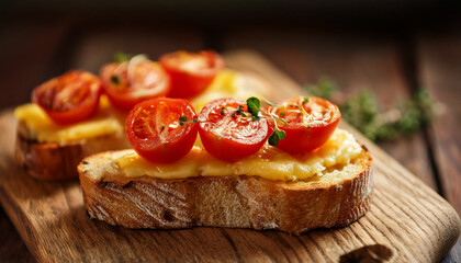 Hearty slices of bread with melted cheese and ripe juicy tomatoes on wooden board. Tasty snack