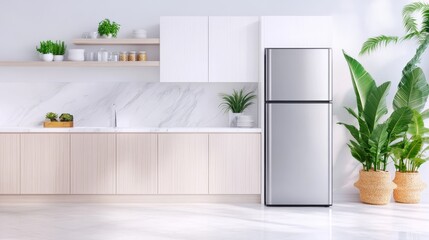 Fototapeta premium Modern kitchen interior featuring a sleek refrigerator, minimalist design, and lush greenery