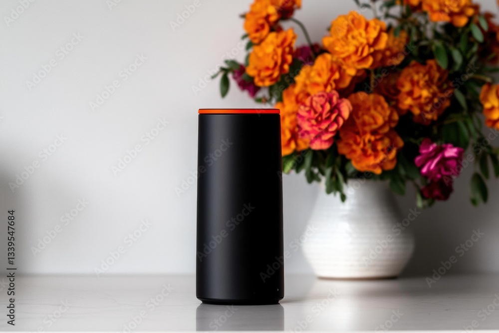 Aufkleber sleek smart home ai assistant minimalist black cylindrical device with vibrant floral backdrop - inn