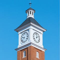 Architectural Clock Tower Against Clear Blue Sky Featuring Brickwork and White Trim Detail in Sunlight