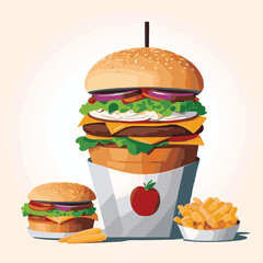 food, meal, restaurant, fast, burger, snack, dinner, hamburger, meat, isolated, lunch, menu, tasty, cheeseburger, fast food, delicious, fastfood, sandwich, set, drink, unhealthy, vector, pizza, eat, b