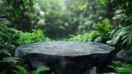 Obraz premium Podium pedestal in tropical forest garden with green plants for nature and organic presentation