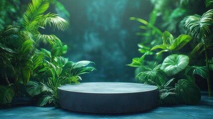 Podium pedestal in tropical forest garden with green plants for nature and organic presentation