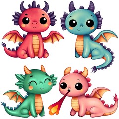 Clipart, cute dragons in green, red, blue and pink colors.