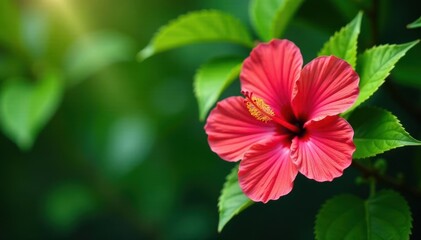 Fototapeta premium Bold, vibrant hibiscus blooms, lush green foliage, tropical feel, fabric, stock