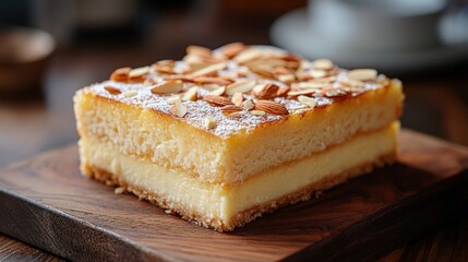 Delicious Almond Cheesecake Slice on Wooden Board