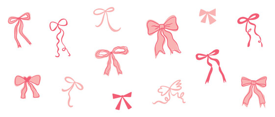 Coquette holiday bows hand drawn collection. Outline ribbons for gift wrapping & hair decor retro. Y2K doodles for birthday, xmas and celebrating.