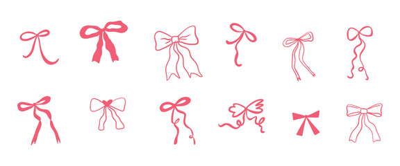 Coquette holiday bows hand drawn collection. Outline ribbons for gift wrapping & hair decor retro. Y2K doodles for birthday, xmas and celebrating.