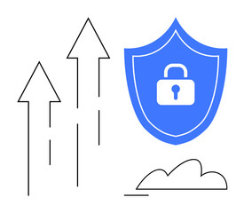 Rising arrows beside a shield with a lock and a minimalist cloud evoke progress, data security, and cloud computing. Ideal for cybersecurity, growth, cloud storage, data protection, innovation
