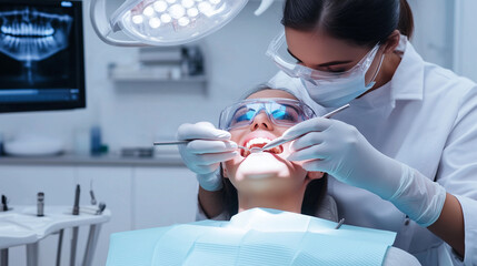 Professional dentist or dental assistant diligently works on a patient during examination, showcasing the importance of healthcare and patient care. Image made using generative AI.