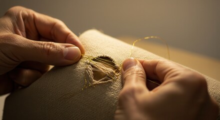 Sewing Ripped Fabric with Golden Thread in Hand for Repairing