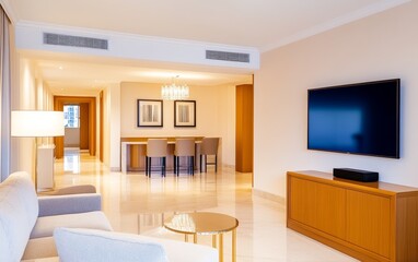 Fototapeta premium Modern hotel suite interior featuring a living area, dining space, and elegant decor