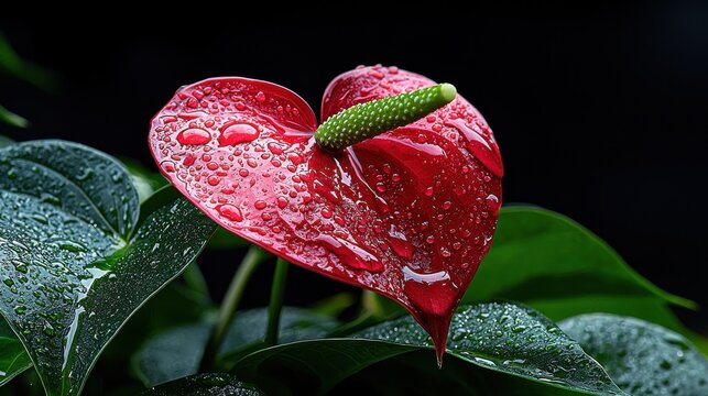 A red flower with a green stem is sitting on a leaf