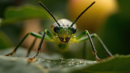 Fototapeta premium Close up view of a green insect with long antennae