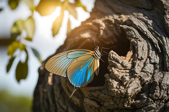 A butterfly resting on a tree trunk with textured bark (1)