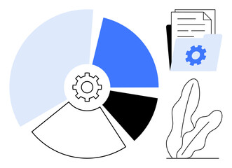 Circular chart with blue and black sections, central gear, folder holding documents. Ideal for data management, workflow optimization, project planning, productivity, teamwork, business analytics