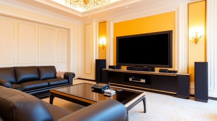 Elegant living room with modern furnishings, a large TV, and warm lighting creating a cozy atmosphere