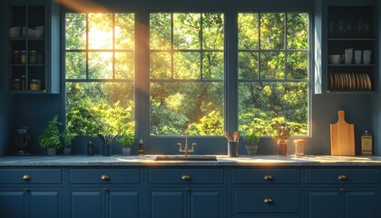 Sunlit kitchen with blue cabinets and a granite countertop. Perfect for articles about home design, cooking, or real estate.