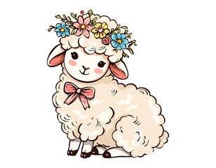 Cute Lamb with Floral Crown and Pink Bow Tie
