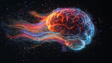 Fototapeta premium An abstract image of a human brain dissolving into waves of colorful particles 