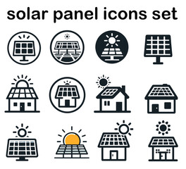 Naklejka premium Eco-friendly solar panels vector icons set for renewable energy concepts, transparent background