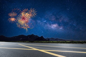 fireworks in mountain night road landscape outdoor cityscape celebration hoilday happy new year
