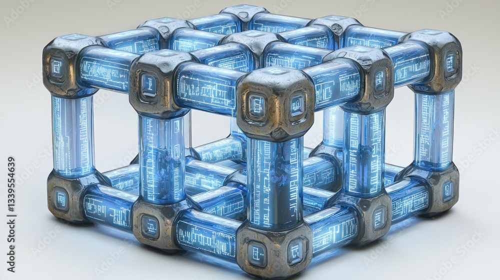Poster futuristic digital cube: a 3d render of a complex network structure