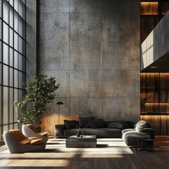 Modern living room with large windows and concrete wall