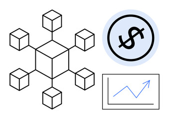 Geometric blockchain structure, dollar icon in circle for digital finance, graph arrow showing progress. Ideal for cryptocurrency, blockchain, finance, growth, investment, innovation technology