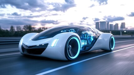 Fototapeta premium A Futuristic White Car Driving Fast on a Road at Sunset