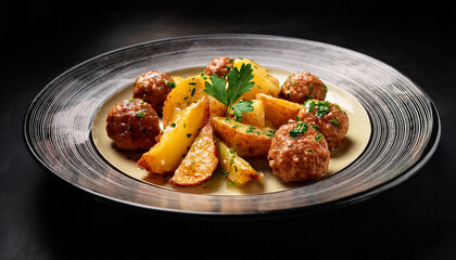 Plate of juicy meatballs with crispy potatoes. Tasty dish. Delicious food. Cooking and culinary