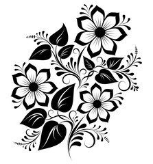 black and white floral ornament with flowers, swirls and leaves. 