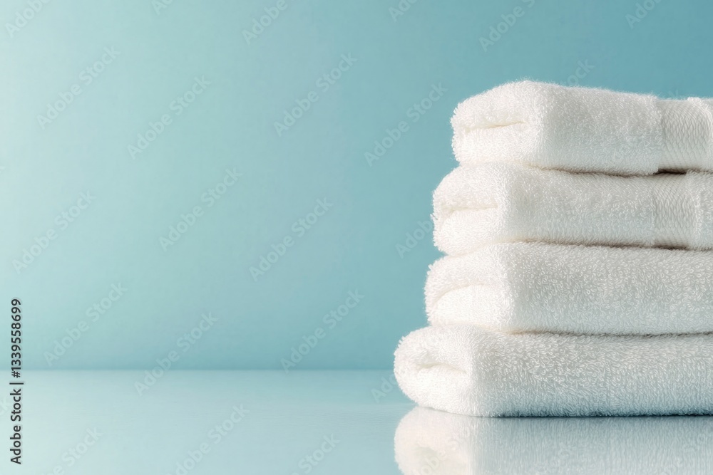 Poster neatly folded fluffy white towels stacked on gleaming surface with ample light minimal aesthetic sho