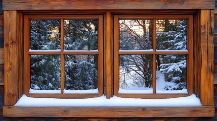 Snowy winter landscape reflected in rustic wooden double window.