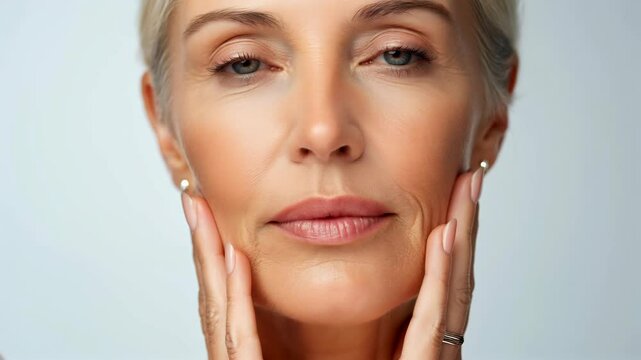 Beautiful gorgeous 50s mid aged mature woman looking at camera isolated on white. Mature old lady close up portrait. Healthy face skin care beauty, middle age skincare cosmetics