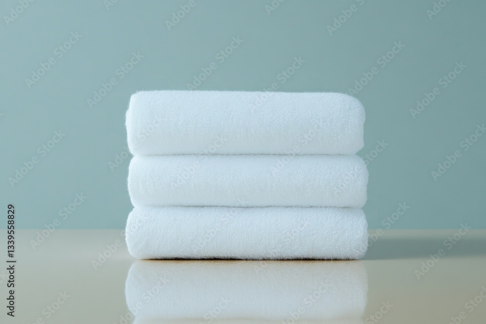 Poster neatly folded fluffy white towels stacked on gleaming surface with ample light minimal aesthetic sho