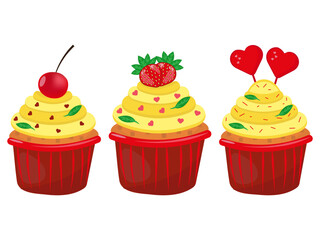 Set of Delicious Cupcakes, Strawberry, Cherry, Heart Candies, Cookies, Sprinkles, Cups, Molds, Design Element, Dessert Vector Illustration