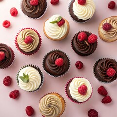 Deliciously Decorated Cupcakes with Raspberries, An overhead close-up view of a variety of cupcakes, 