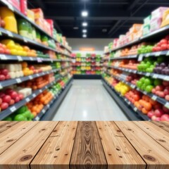 Rustic wood tabletop, blurred supermarket aisle backdrop, top, supermarket, scene