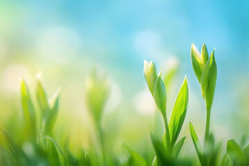 Delicate green buds are beautifully emerging against a soft, dreamy background of vibrant spring colors