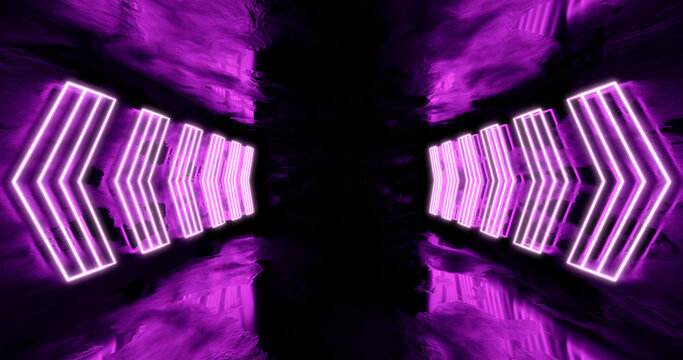3d render. Geometric figure in neon light against a dark tunnel. Laser glow.