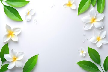 Tropical Floral Arrangement with Plumeria Blossoms and Green Leaves on White Background