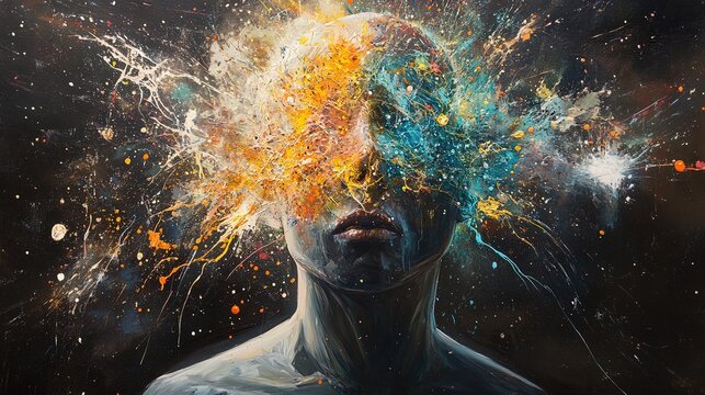 A futuristic head exploding into colorful neural connections, representing overthinking 