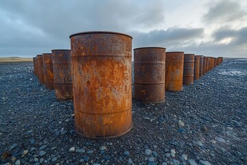 Naklejka premium Rusty metal barrels lined up on a rocky landscape under a dramatic sky at dusk