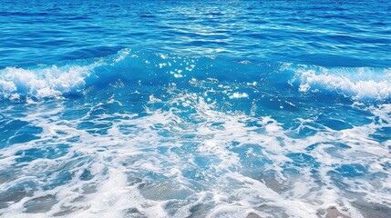 Obraz premium Deep blue ocean waters captured from above, with waves forming soft ripples and white foam.