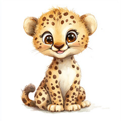 A water color cartoon cheetah cub with brown spots, big brown eyes,