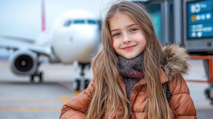 young girl with long hair smiles warmly at airport, with airplane in background